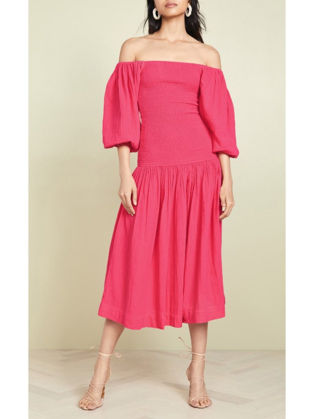 New Rhode Harper Shirred 100% Cotton Gauze Midi Dress Hot Pink Medium $425